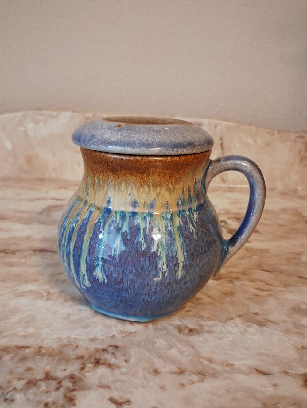 Handmade In TN. Ceramic Mug with Lid in Blue and Brown Drip Glaze